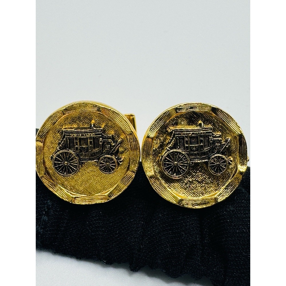 Vintage Stagecoach Cufflinks Gold Tone Western Wagon Patent Men's Formal
